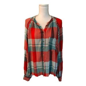 Pilcro Anthropologie Large Breezy Plaid Button Down Ruffle Shirt